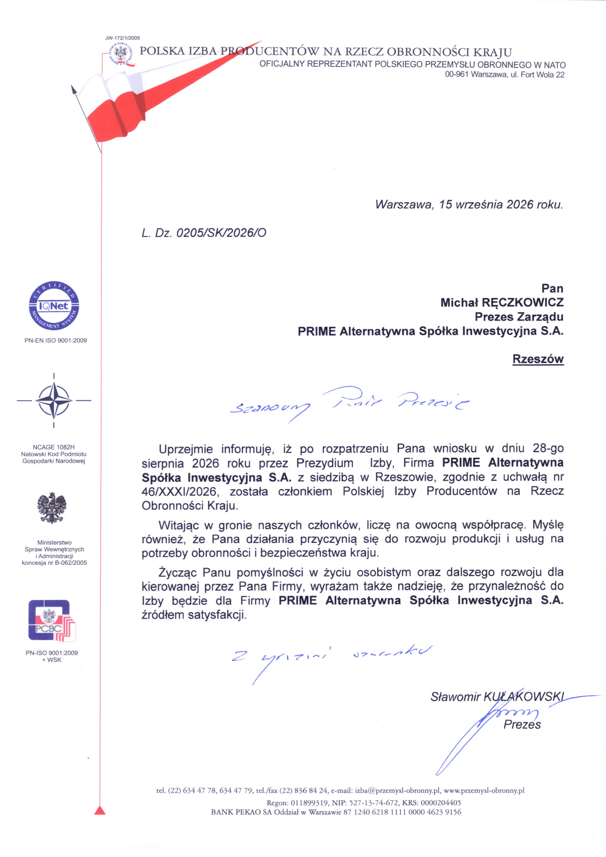 Pismo potwierdzające członkostwo PRIME ASI w Polskiej Izbie Producentów na Rzecz Obronności Kraju